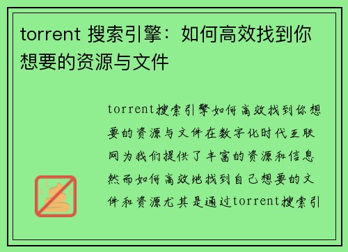 torrent 搜索引擎：如何高效找到你想要的资源与文件